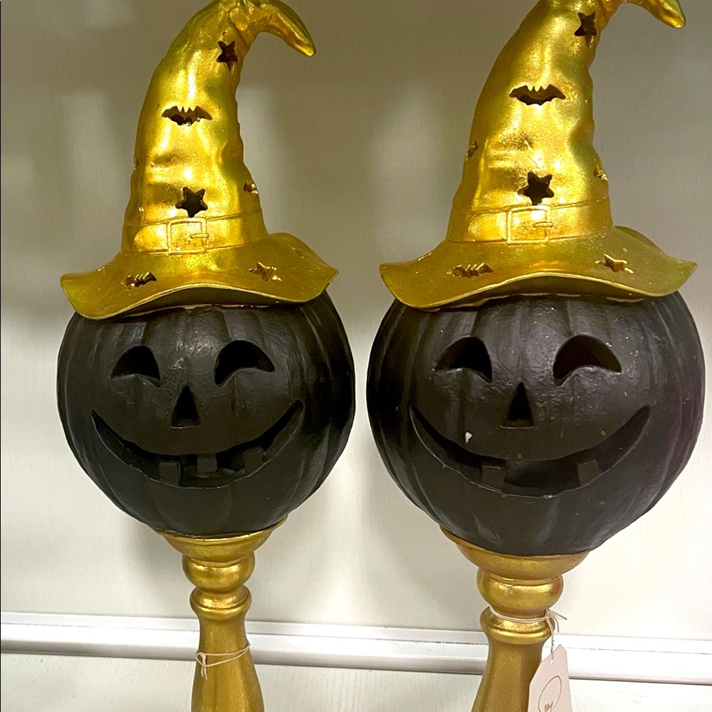TWO 20" Halloween Jack-O-Lantern Pumpkin Head LED Light Up Pedestal Lamp